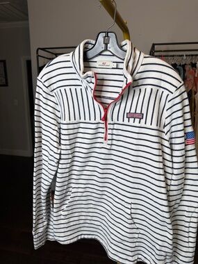 Vineyard Vines White Striped Half-Zip Pullover with Navy & Red Accents